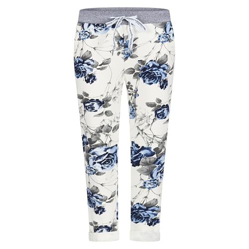 Mississhop 287 Damen Hose Cargohose Blumen Sweatpants Jogginghose Baumwolle Freizeithose Boyfriend Weiß-Blau Blumen Model 33 von Mississhop
