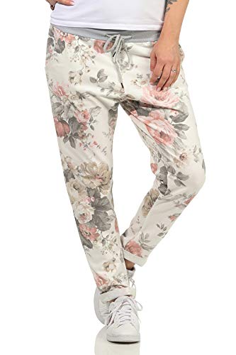 Mississhop 287 Damen Hose Cargohose Blumen Sweatpants Jogginghose Baumwolle Freizeithose Boyfriend Weiß mit Blumen 14 von Mississhop