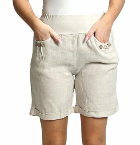 Mississhop 293 Damen Leinenshorts Bermuda lockere Kurze Hose Freizeithose 100% Leinen Shorts mit DREI Knöpfen Sommer Strand Beige M von Mississhop