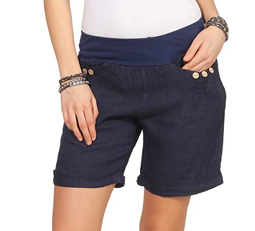 Mississhop 293 Damen Leinenshorts Bermuda lockere Kurze Hose Freizeithose 100% Leinen Shorts mit DREI Knöpfen Sommer Strand Dunkelblau M von Mississhop