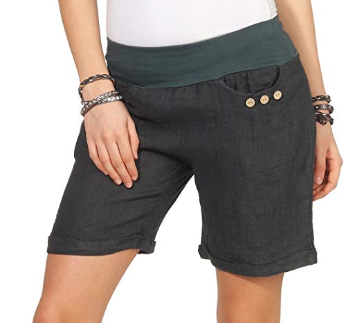 Mississhop 293 Damen Leinenshorts Bermuda lockere Kurze Hose Freizeithose 100% Leinen Shorts mit DREI Knöpfen Sommer Strand Graphit M von Mississhop