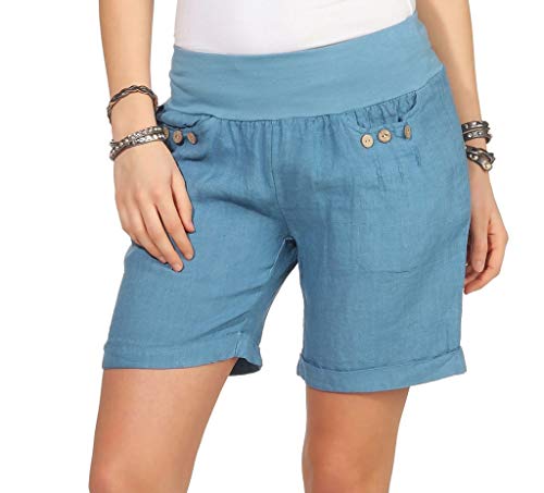 Mississhop 293 Damen Leinenshorts Bermuda lockere Kurze Hose Freizeithose 100% Leinen Shorts mit DREI Knöpfen Sommer Strand Jeansblau L von Mississhop