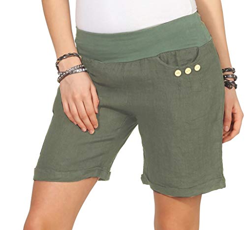 Mississhop 293 Damen Leinenshorts Bermuda lockere Kurze Hose Freizeithose 100% Leinen Shorts mit DREI Knöpfen Sommer Strand Oliv L von Mississhop