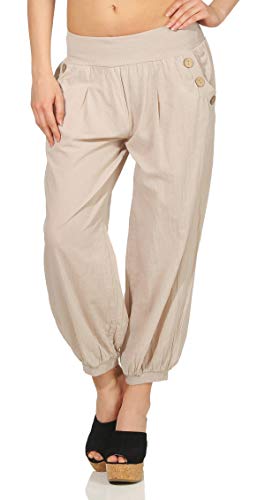 Mississhop 297 Damen leichte einfarbige Hose Sommerhose Haremshose Ballonhose Pluderhose Pumphose Aladinhose Sommer Uni Baggy Pants Beige von Mississhop