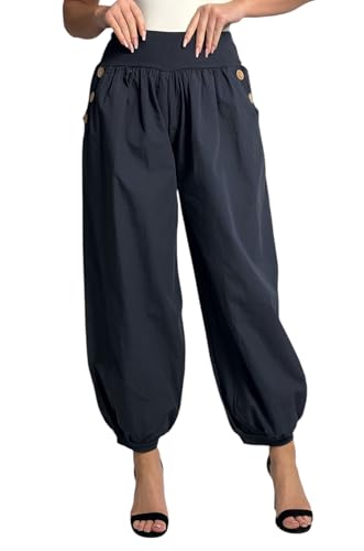 Mississhop 297 Damen leichte einfarbige Hose Sommerhose Haremshose Ballonhose Pluderhose Pumphose Aladinhose Sommer Uni Baggy Pants Dunkelblau von Mississhop