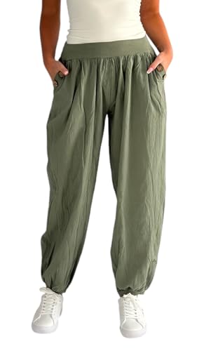 Mississhop 297 Damen leichte einfarbige Hose Sommerhose Haremshose Ballonhose Pluderhose Pumphose Aladinhose Sommer Uni Baggy Pants Oliv von Mississhop
