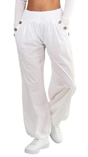 Mississhop 297 Damen leichte einfarbige Hose Sommerhose Haremshose Ballonhose Pluderhose Pumphose Aladinhose Sommer Uni Baggy Pants Weiß von Mississhop