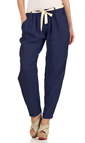 Mississhop 317 Damen Leinenhose lockere Freizeithose Lange Hose mit Gürtel 100% Leinen Blau von Mississhop