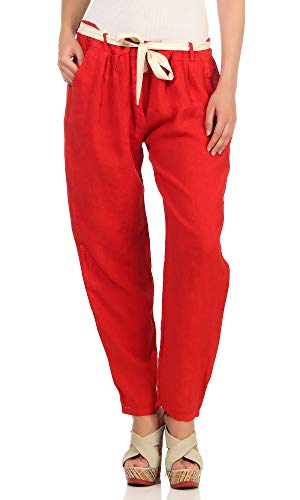 Mississhop 317 Damen Leinenhose lockere Freizeithose Lange Hose mit Gürtel 100% Leinen Rot von Mississhop