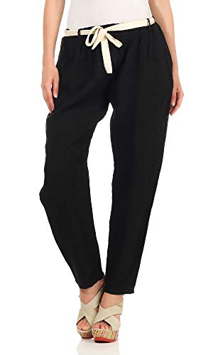 Mississhop 317 Damen Leinenhose lockere Freizeithose Lange Hose mit Gürtel 100% Leinen Schwarz von Mississhop