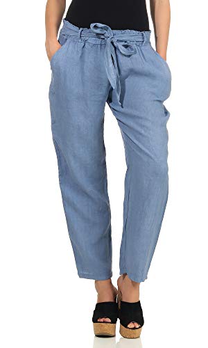 Mississhop 318 Damen Klassische Leinenhose lockere Freizeithose Lange Hose mit Gürtel 100% Leinen Jeansblau von Mississhop