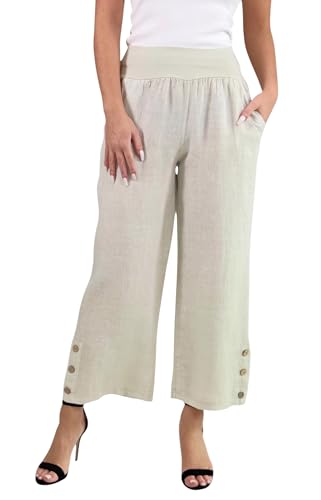 Mississhop 319 Damen Leinenhose lockere Freizeithose 7/8 Lange Hose mit DREI Knöpfe 100% Leinen Beige von Mississhop