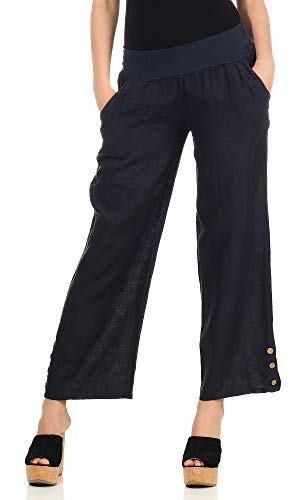 Mississhop 319 Damen Leinenhose lockere Freizeithose 7/8 Lange Hose mit DREI Knöpfe 100% Leinen Blau von Mississhop