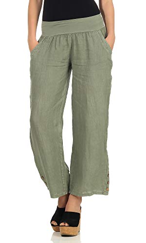 Mississhop 319 Damen Leinenhose lockere Freizeithose 7/8 Lange Hose mit DREI Knöpfe 100% Leinen Oliv von Mississhop