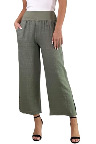 Mississhop 319 Damen Leinenhose lockere Freizeithose 7/8 Lange Hose mit DREI Knöpfe 100% Leinen Oliv von Mississhop