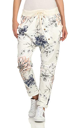 Mississhop 326 Damen Hose Cargohose Blumen Sweatpants Jogginghose Baumwolle Freizeithose Boyfriend Baggy Blumenprint mit Gummibund Creme-Weiß von Mississhop