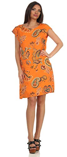 Mississhop 328 Damen Boho Kleid 100% Leinenkleid Strandkleid schickes Elegantes Sommerkleid Blumen Muster Orange von Mississhop