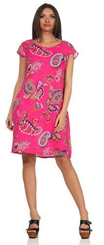 Mississhop 328 Damen Boho Kleid 100% Leinenkleid Strandkleid schickes Elegantes Sommerkleid Blumen Muster Pink von Mississhop