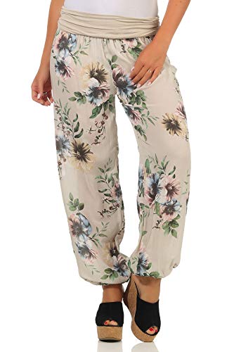 Mississhop 336 Damen Hose Haremshose Ballonhose Pluderhose Pumphose Aladinhose Sommerhose Blumen Print floral Baggy Pants Beige Model 2 von Mississhop