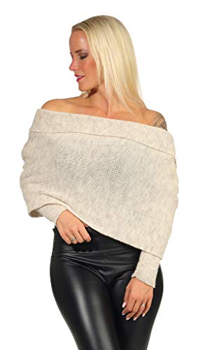 Mississhop 347 Damen Schal Poncho Cape Überwurf Strickjacke feiner weicher Strick Pullover Herbst Winter One Size Beige von Mississhop