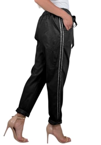 Mississhop 348 Damen Hose Freizeithose Baumwollhose Baumwolle mit Seitlichen Silberstreifen Glitzerstreifen Schwarz von Mississhop