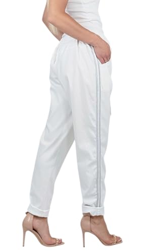 Mississhop 348 Damen Hose Freizeithose Baumwollhose Baumwolle mit Seitlichen Silberstreifen Glitzerstreifen Weiß von Mississhop