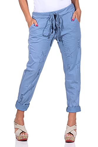 Mississhop 350 Damen Hose Cargohose Sterne Sweatpants Jogginghose Baumwolle Freizeithose Boyfriend Baggy Haremshose zerrissene Hose Outfit mit Gummibund Jeansblau von Mississhop