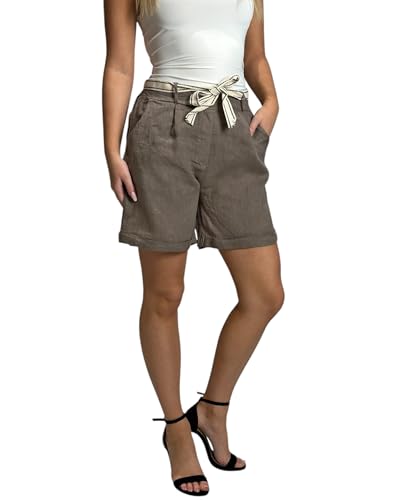 Mississhop 357 Damen Leinenshorts Bermuda lockere Kurze Hose Freizeithose 100% Leinen Shorts mit Gürtel Sommer Strand Fango von Mississhop