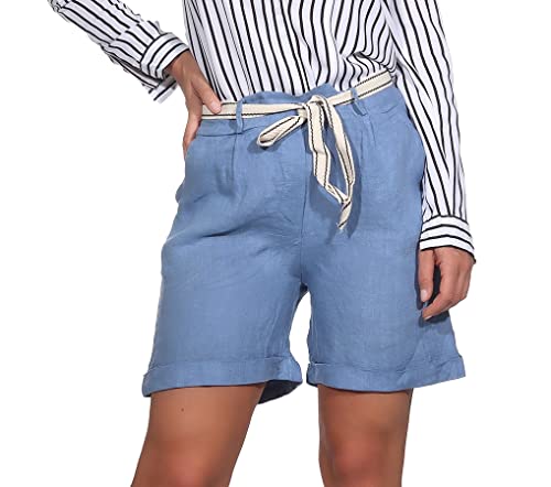 Mississhop 357 Damen Leinenshorts Bermuda lockere Kurze Hose Freizeithose 100% Leinen Shorts mit Gürtel Sommer Strand Jeansblau von Mississhop