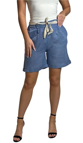 Mississhop 357 Damen Leinenshorts Bermuda lockere Kurze Hose Freizeithose 100% Leinen Shorts mit Gürtel Sommer Strand Jeansblau von Mississhop