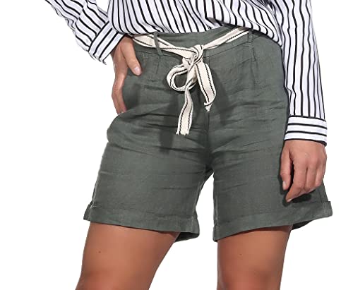 Mississhop 357 Damen Leinenshorts Bermuda lockere Kurze Hose Freizeithose 100% Leinen Shorts mit Gürtel Sommer Strand Oliv von Mississhop