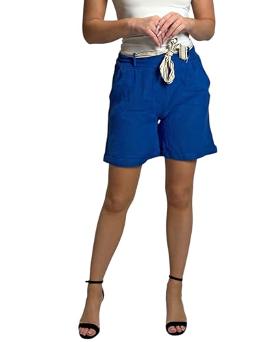 Mississhop 357 Damen Leinenshorts Bermuda lockere Kurze Hose Freizeithose 100% Leinen Shorts mit Gürtel Sommer Strand Royalblau von Mississhop