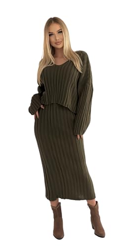 Mississhop 379 Damen Strickset mit Pullover Rock Strickpullover Strickrock Olive von Mississhop