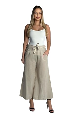 Mississhop 385 Damen Vielseitige Boho-Chic Hose 100% Baumwolle mit Stoffgürtel, beige von Mississhop