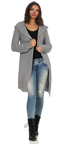 Mississhop Damen Lange Strickjacke Cardigan mit besonderem Strick-Muster mit Kapuze 3013 Grau von Mississhop