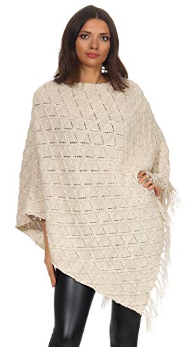 Mississhop Damen Poncho mit Kaschmir und Wolle Hochwertiges Cape XXL Umhängetuch Strick Pullover mit Quasten 3014 Beige von Mississhop