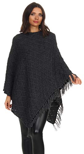 Mississhop Damen Poncho mit Kaschmir und Wolle Hochwertiges Cape XXL Umhängetuch Strick Pullover mit Quasten 3014 Graphit von Mississhop