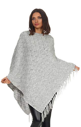 Mississhop Damen Poncho mit Kaschmir und Wolle Hochwertiges Cape XXL Umhängetuch Strick Pullover mit Quasten 3014 Grau von Mississhop