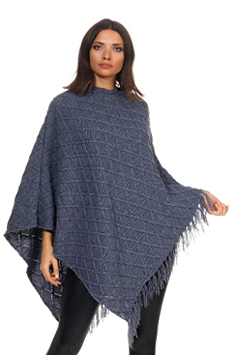 Mississhop Damen Poncho mit Kaschmir und Wolle Hochwertiges Cape XXL Umhängetuch Strick Pullover mit Quasten 3014 Nachtblau von Mississhop