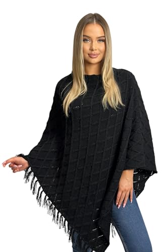 Mississhop Damen Poncho mit Kaschmir und Wolle Hochwertiges Cape XXL Umhängetuch Strick Pullover mit Quasten 3014 Schwarz von Mississhop