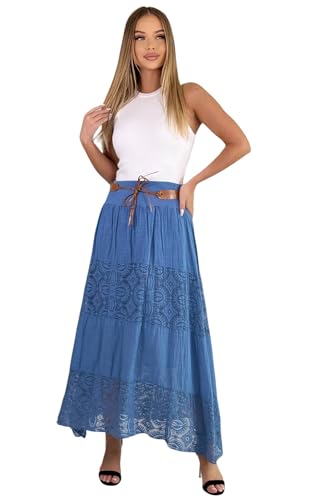 Mississhop Langer Baumwollrock mit Spitze & Gürtel 3094 Jeansblau Mississhop Langer Baumwollrock mit Spitze & Gürtel 3094 Jeansblau von Mississhop