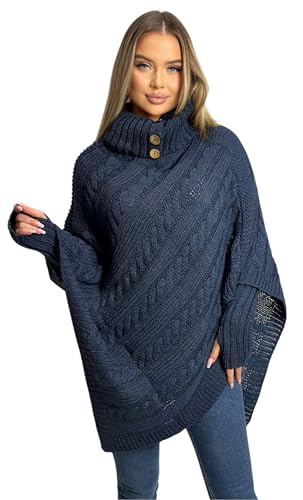 Mississhop Poncho Cape Strick Sweatshirt Pullover Umhang Überwurf mit Stulpen 3012 Dunkelblau von Mississhop