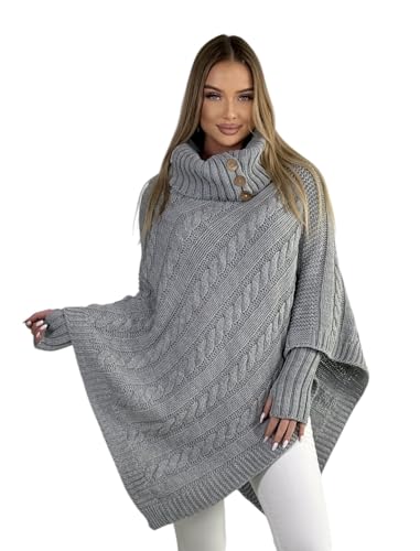 Mississhop Poncho Cape Strick Sweatshirt Pullover Umhang Überwurf mit Stulpen 3012 Grau von Mississhop