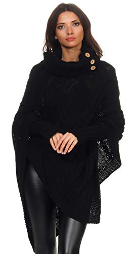 Mississhop Poncho Cape Strick Sweatshirt Pullover Umhang Überwurf mit Stulpen 3012 Schwarz von Mississhop