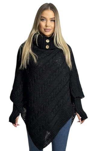 Mississhop Poncho Cape Strick Sweatshirt Pullover Umhang Überwurf mit Stulpen 3012 Schwarz von Mississhop