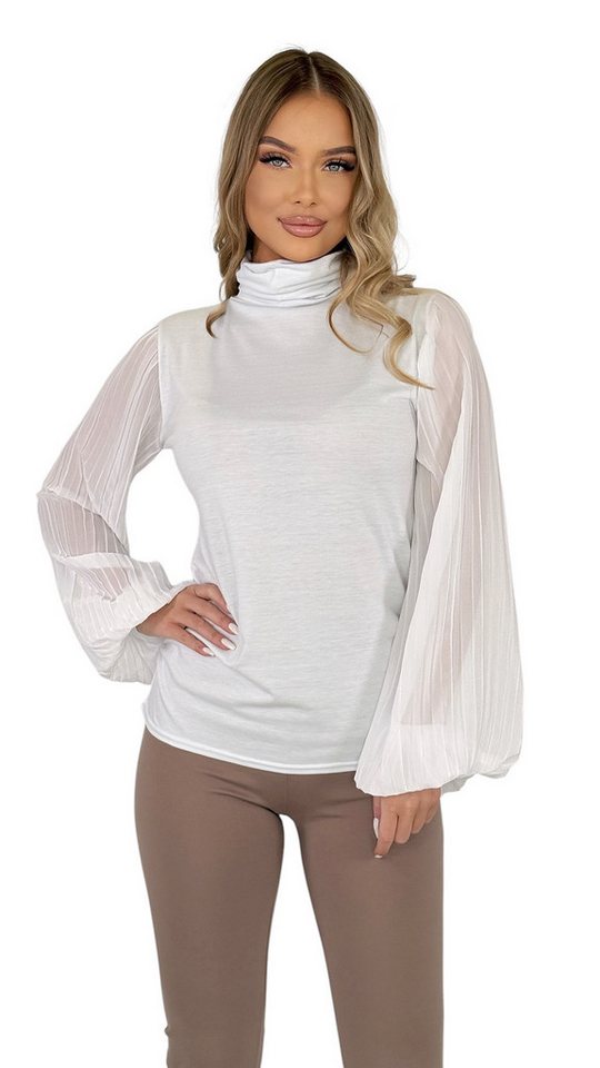 Mississhop Langarmbluse Damen Bluse Chiffon Rollkragen mit plissierten Ärmeln M.134 von Mississhop
