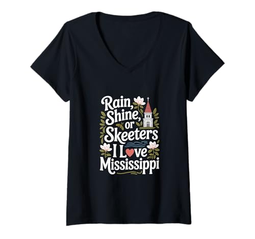 Damen Mississippi Heritage Rain Shine oder Skeeters Church Community T-Shirt mit V-Ausschnitt Damen Mississippi Heritage Rain Shine oder Skeeters Church Community T-Shirt mit V-Ausschnitt von Mississippi Pride Apparel, Southern Roots