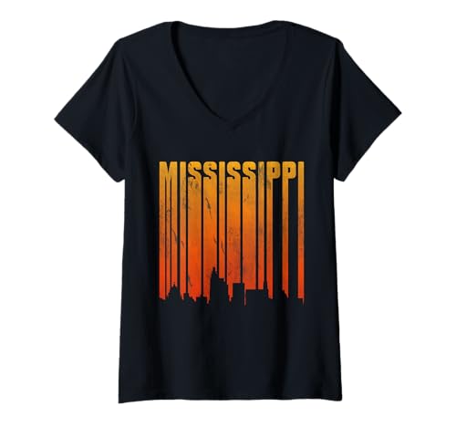 Damen Mississippi Skyline Sonnenuntergang Design T-Shirt mit V-Ausschnitt von Mississippi Vibes