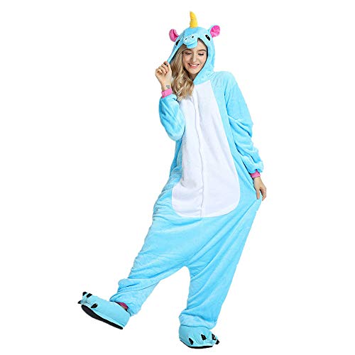 Missley Einhorn Pyjamas Kostüm Overall Tier Nachtwäsche Erwachsene Unisex Cosplay (Blau, XL) von Missley