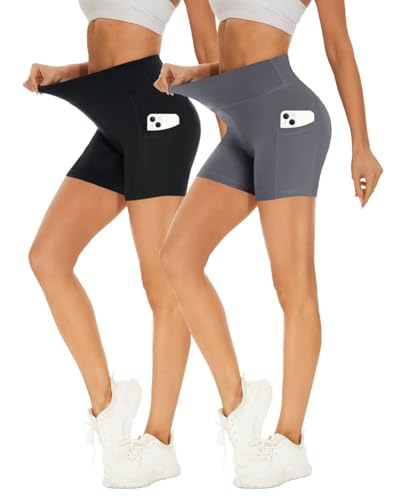 Missluck 2er Pack Radlerhose Damen Hohe Taille Kurze Sporthose Shorts Sommer Leggings Blickdicht Hotpants Unter Kleider für Yoga Sport, S-M, Schwarz/Dunkelgrau-mit Taschen von Missluck